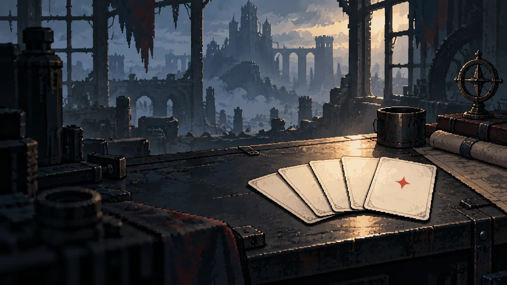 Original conceptual pixel-art illustration of blank cards on a desk overlooking desolate ruins; not a game screenshot.